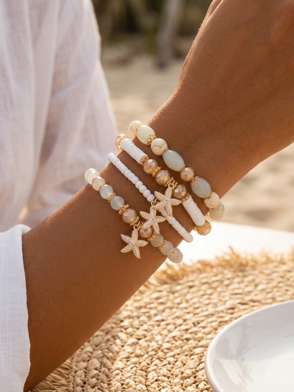 White & Gold Starfish Beaded Bracelet Stack - Women Jewelry